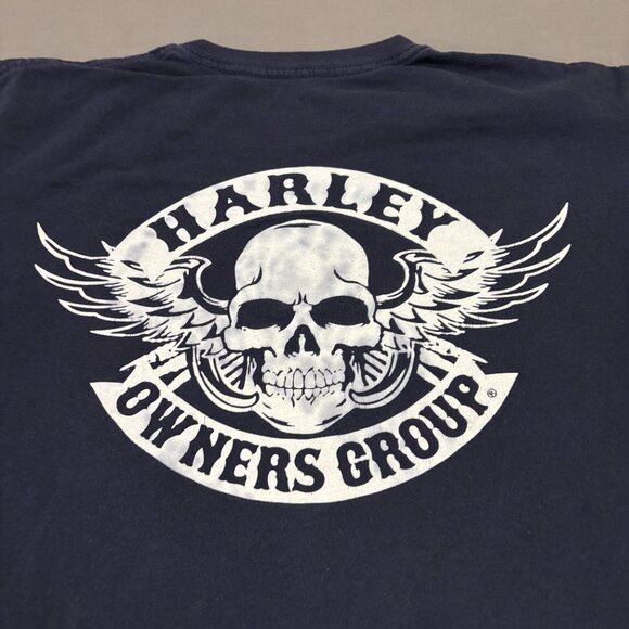 Harley Davidson T Shirt Medium Navy Blue Skull Pocket Y2K Biker Owners Group - Picture 6 of 6